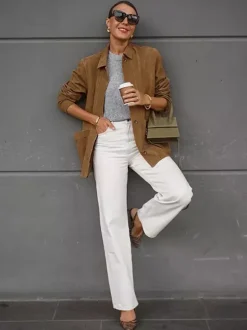 Faux Suede Tan Women's Shirt Jacket - Retro Utility Cargo Pocket Oversized Top - Casual Spring Streetwear 2026
