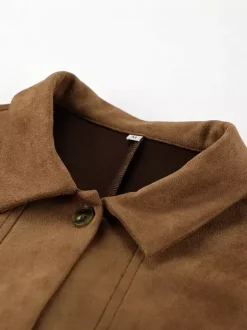 Faux Suede Tan Women's Shirt Jacket - Retro Utility Cargo Pocket Oversized Top - Casual Spring Streetwear 2026