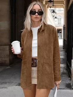 Faux Suede Tan Women's Shirt Jacket - Retro Utility Cargo Pocket Oversized Top - Casual Spring Streetwear 2026