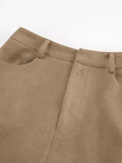 Faux Suede Women Maxi Skirt - Chic Front Slit High Waisted - Quiet Luxury Spring Streetwear 2026