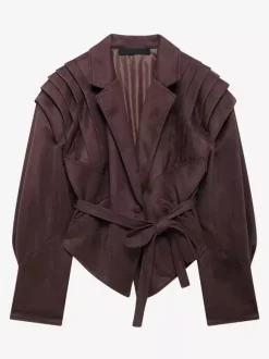 Faux Suede Wrap Jacket For Women - Brown Hourglass Tailored Blazer Structured Shoulder Coat - Spring Chic Streetwear 2026
