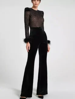 Feather Cuff Velvet Jumpsuit with Padded Shoulders Long Sleeve Spring Formal Party Wear For Women 2026