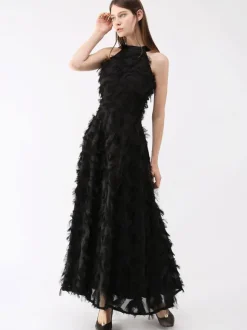 Feather Maxi Dress Halter Sleeveless A-Line Elegant Prom Dresses
