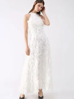 Feather Maxi Dress Halter Sleeveless A-Line Elegant Prom Dresses