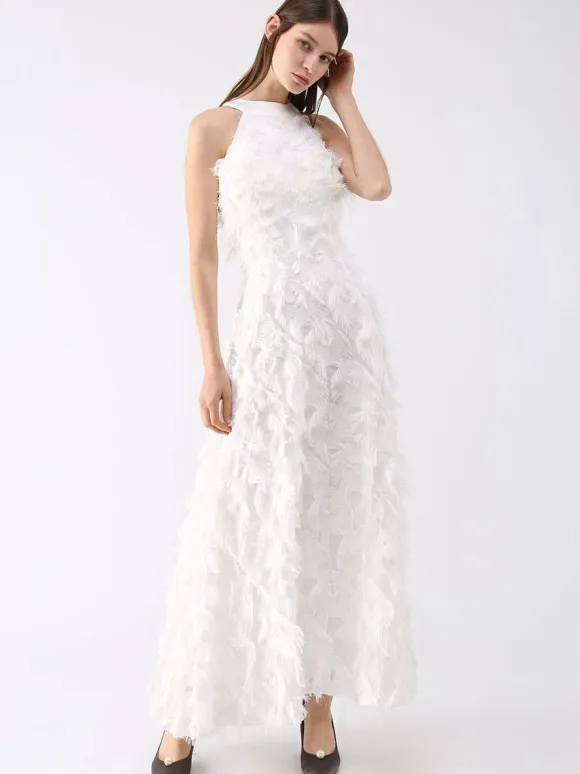 Feather Maxi Dress Halter Sleeveless A-Line Elegant Prom Dresses