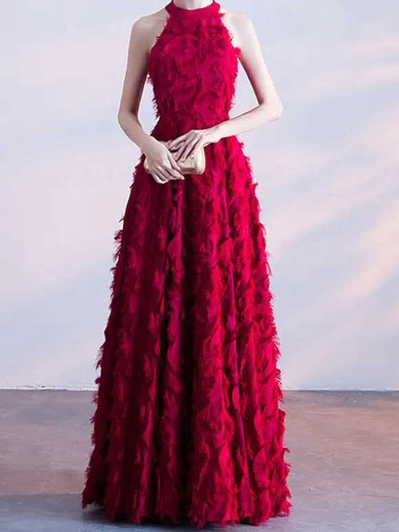Feather Maxi Dress Halter Sleeveless A-Line Elegant Prom Dresses