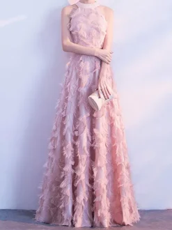 Feather Maxi Dress Halter Sleeveless A-Line Elegant Prom Dresses