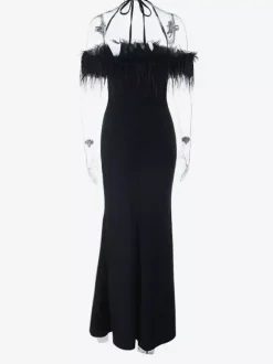 Feather Trim Maxi Dress For Women - Black Elegant Halter High Slit Bodycon Gown - Summer Evening Party 2026