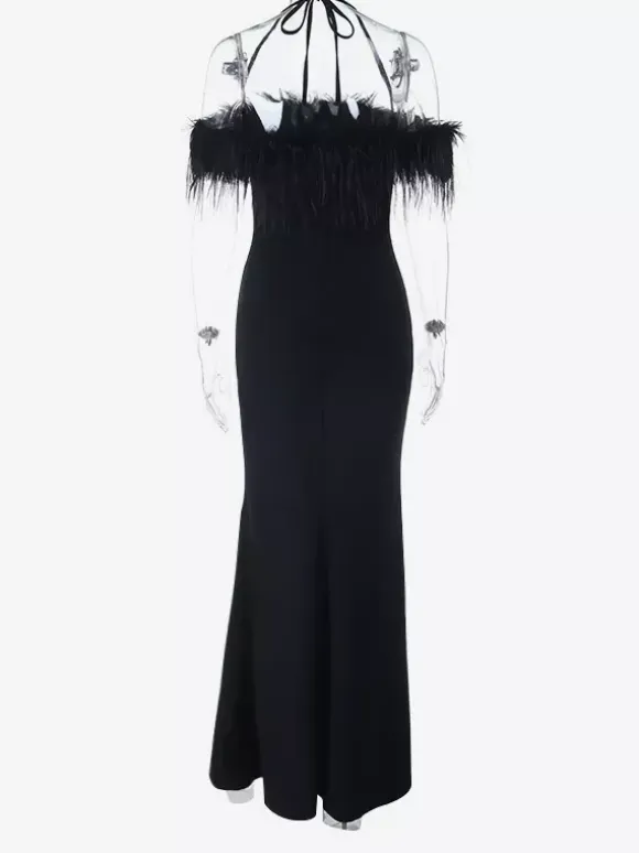 Feather Trim Maxi Dress For Women - Black Elegant Halter High Slit Bodycon Gown - Summer Evening Party 2026