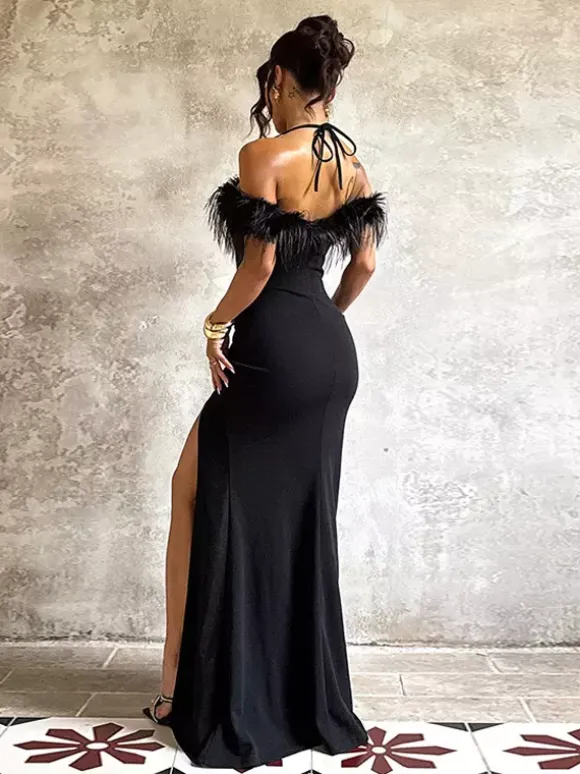 Feather Trim Maxi Dress For Women - Black Elegant Halter High Slit Bodycon Gown - Summer Evening Party 2026