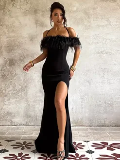 Feather Trim Maxi Dress For Women - Black Elegant Halter High Slit Bodycon Gown - Summer Evening Party 2026
