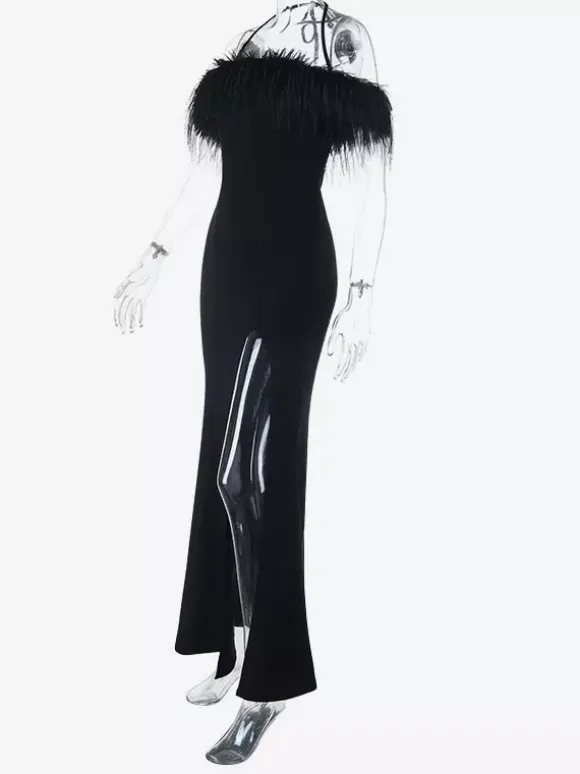 Feather Trim Maxi Dress For Women - Black Elegant Halter High Slit Bodycon Gown - Summer Evening Party 2026
