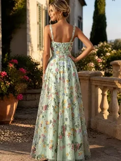 FFloral Embroidery Tulle Maxi Dress Square Spaghetti Strap A Line Wedding Guest Formal Gown