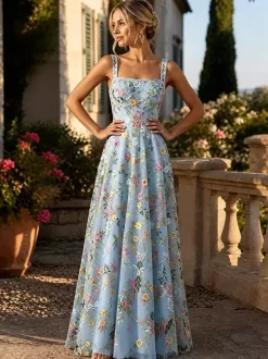 FFloral Embroidery Tulle Maxi Dress Square Spaghetti Strap A Line Wedding Guest Formal Gown