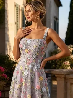 FFloral Embroidery Tulle Maxi Dress Square Spaghetti Strap A Line Wedding Guest Formal Gown