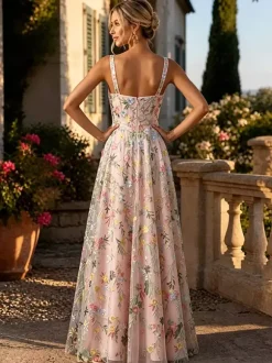 FFloral Embroidery Tulle Maxi Dress Square Spaghetti Strap A Line Wedding Guest Formal Gown