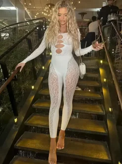Fishnet Mesh Lingerie Bodystockings White Cut Out Nylon 1 Piece Hosiery