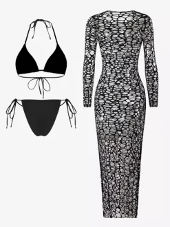 Fishnet Mesh Long Sleeve Cover Up Midi Dress With Matching Halter Bikini Set