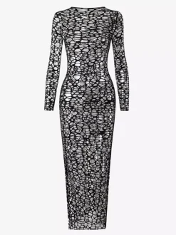 Fishnet Mesh Long Sleeve Cover Up Midi Dress With Matching Halter Bikini Set