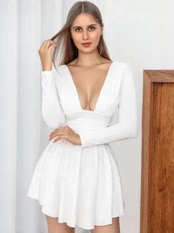 Fit And Flare Dress Plunge Long Sleeves Short Swing Dresses In Solid Color