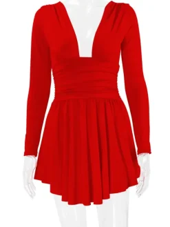 Fit And Flare Dress Plunge Long Sleeves Short Swing Dresses In Solid Color