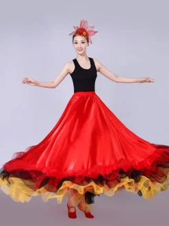 Flamenco Girls Yellow Mesh Billowing Dancing Skirt Adults Spanish Dancer Ballroom Dress Paso Doble Costumes Carnival