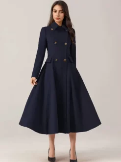 Flared Wool Blend Coat For Woman Red Turndown Collar Double-breasted Elegant 2026 Winter Outerwear