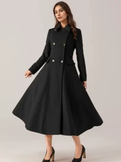 Flared Wool Blend Coat For Woman Red Turndown Collar Double-breasted Elegant 2026 Winter Outerwear