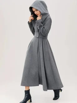 Flared Woolen Coat For Woman Hooded Gray Belted A-line Winter Long Outerwear 2026