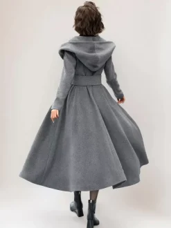 Flared Woolen Coat For Woman Hooded Gray Belted A-line Winter Long Outerwear 2026