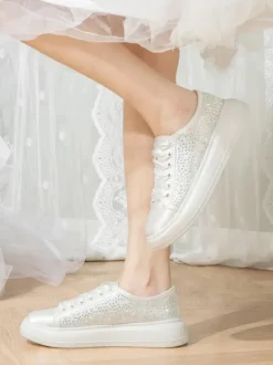 Flat Bridal Shoes Round Toe Lace Up Rhinestones Wedding Shoes