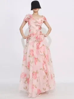 Flattering Pink Rose Patterned Maxi Gown With Asymmetrical Hem