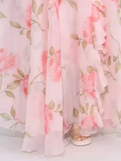 Flattering Pink Rose Patterned Maxi Gown With Asymmetrical Hem