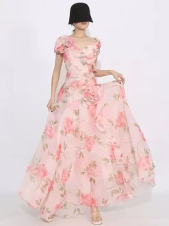 Flattering Pink Rose Patterned Maxi Gown With Asymmetrical Hem