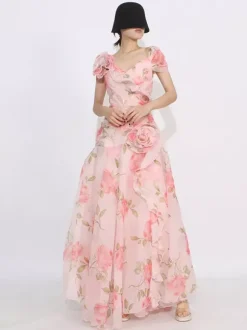Flattering Pink Rose Patterned Maxi Gown With Asymmetrical Hem