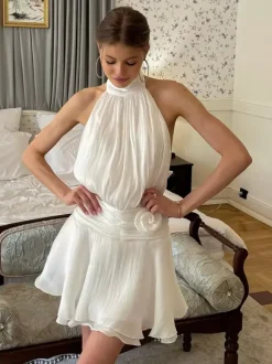 Flattering White Halter Mini Dress Ideal For Casual Outings