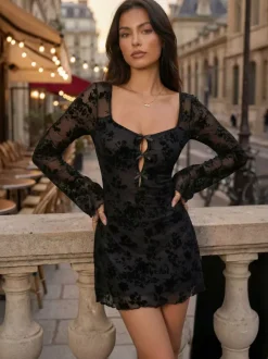 Flocked Floral Hollow Out Bow Flare Sleeve Mini Dress For Women 2026