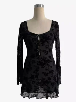 Flocked Floral Hollow Out Bow Flare Sleeve Mini Dress For Women 2026