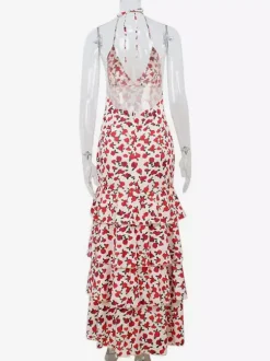 Floral Backless Maxi Dress For Women - Flowers Print Tiered Ruffle Hem High Slit Halter Gown - Summer Sexy Date Night Outfit 2026