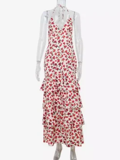 Floral Backless Maxi Dress For Women - Flowers Print Tiered Ruffle Hem High Slit Halter Gown - Summer Sexy Date Night Outfit 2026