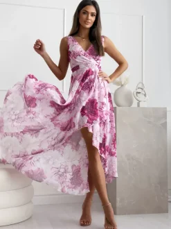 Floral Dress Faux Wrap Asymmetrical Summer Casual Long Dress