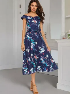 Floral Dress Floral Print Off-The-Shoulder Sleeveless Zipper Elegant Summer Long Dress