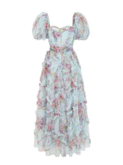 Floral Dress Floral Print Puff Sleeves Belted Sweet Party Prom Maxi Dresses