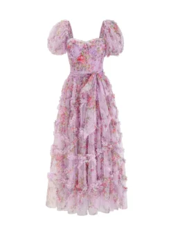 Floral Dress Floral Print Puff Sleeves Belted Sweet Party Prom Maxi Dresses