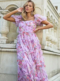 Floral Dress Floral Print Puff Sleeves Belted Sweet Party Prom Maxi Dresses