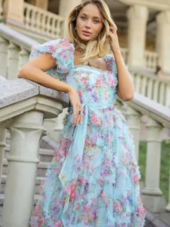 Floral Dress Floral Print Puff Sleeves Belted Sweet Party Prom Maxi Dresses