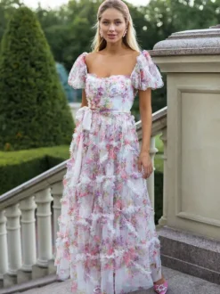 Floral Dress Floral Print Puff Sleeves Belted Sweet Party Prom Maxi Dresses