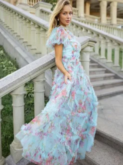 Floral Dress Floral Print Puff Sleeves Belted Sweet Party Prom Maxi Dresses