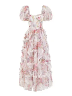 Floral Dress Floral Print Puff Sleeves Belted Sweet Party Prom Maxi Dresses