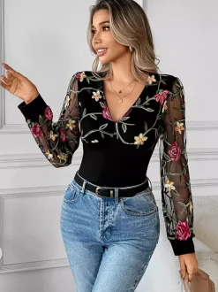 Floral Embroidered V-Neck Long Sleeves Blouse For Women 2026